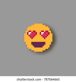 Pixel art smile heart eyes. sticker with shadow.