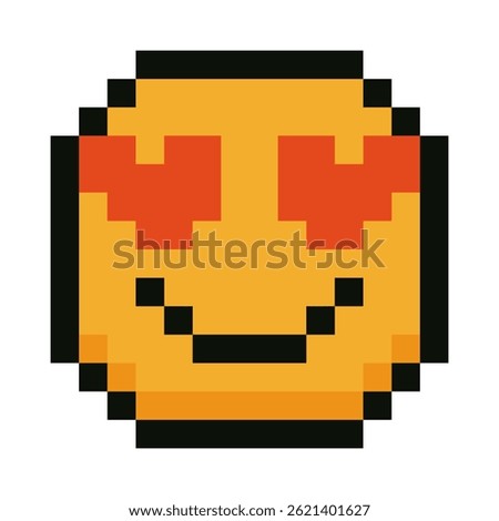 Pixel art smiley face with hearts in eyes emoji isolated on white background