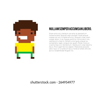 Pixel art smiling character isolated on white background with place for text