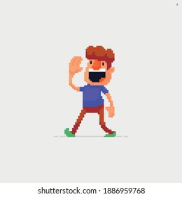 Pixel art smiling character walking and greeting with hand wave gesture