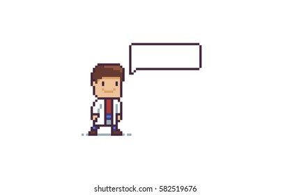 Pixel art smiling character in white coat with text bubble isolated on white background