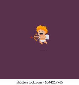 Pixel art smiling Cupid holding a bow with a heart shaped arrow