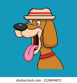 Pixel arte cabeza de perro sonriente con sombrero blanco perfecto para la colección NFT.