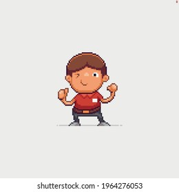 Pixel art smiling male character in red shirt with both thumbs up standing on white background