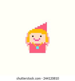 Pixel art smiling princess isolated on white background