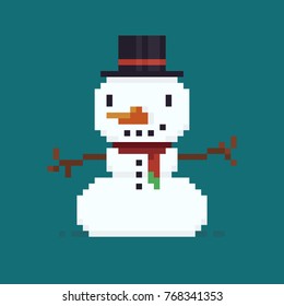 Pixel art smiling snowman in red scarf and black cylinder, Christmas character