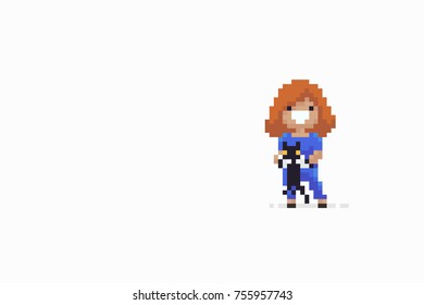 Pixel art smiling veterinarian girl holding black cat