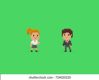 Pixel art smiling woman and man in office suits isolated on green background