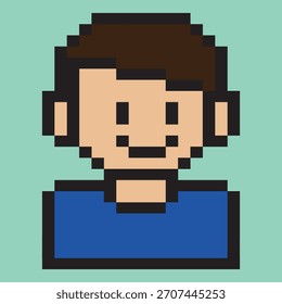 Pixel Art Smiling Young Man with Brown Hair Wearing Blue Shirt on Soft Green Background in Classic 8-Bit Retro Digital Style