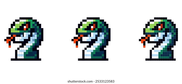 A pixel art snake with a green head and red tongue set against a white background in a retro video game style