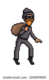 Pixel art sneaking thief in a black mask and costume with a money bag isolated on white. 8 bit tiptoeing robber.Old school vintage retro 80s, 90s 2d computer, video game, slot machine graphics.