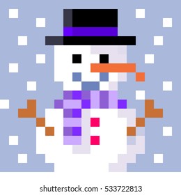 pixel art snow falling on smiling snowman with decorations