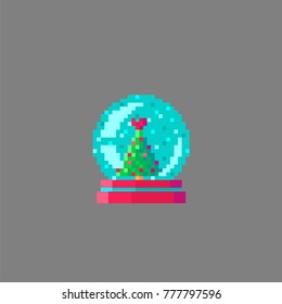 Pixel art snow globe with snow and christmas tree.