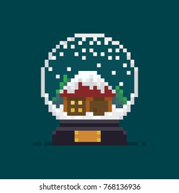 Pixel Art Snow Globe Icon With House And Trees