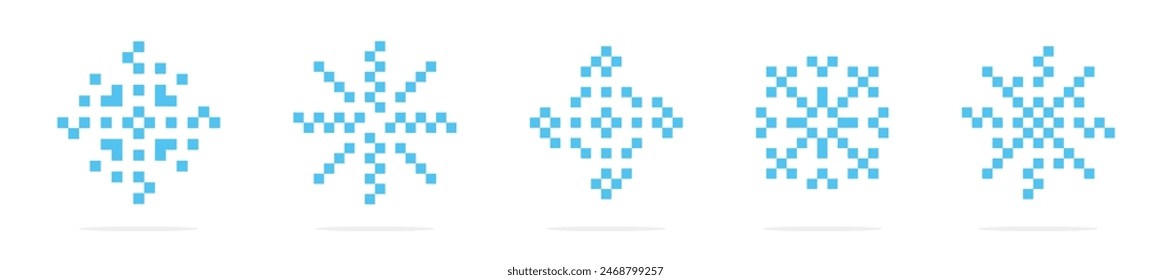 Pixel Art Schneeflocken-Icon-Set.   Pixel Schneeflocken-Symbol Kollektion. 