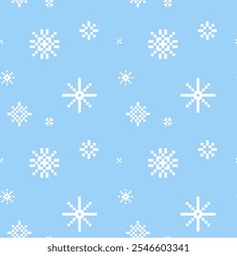 Patrón sin costuras del copo de nieve del arte del píxel. Fondo de Navidades con mosaico cayendo nieve. Vector cuadrado azulejo de fondo repetir ilustración de invierno.