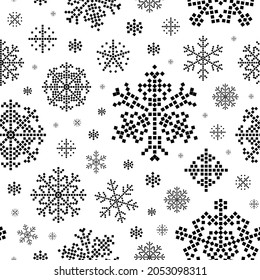 Pixel art snowflakes pattern. Black and white nordic ice crystals ornament. Christmas snowflake stars seamless background. Winter snowfall repeating design for textiles, prints and fabric.