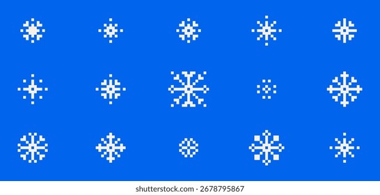 Schneeflocken aus Pixelart auf blauem Himmelhintergrund. Weiße geometrische Formen, minimales Mosaikmuster, Kristalle, Eis, Schnee. Retro-Spiel 8-Bit-Winter-Elemente für nostalgisches digitales Design, Feiertagsdekorationen