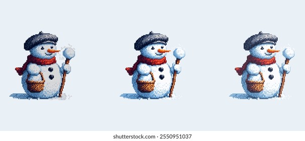 Un muñeco de nieve de pixel art en una boina negra y una bufanda roja sostiene una bola de nieve en un palo y una canasta.