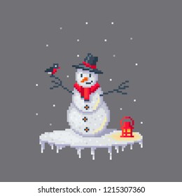 Pixel art snowman in hat. Cute greeting illustration on holidays.