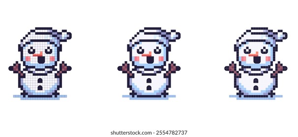 Pixel art snowman with a hat and stick arms standing on snow. Retro video game style.