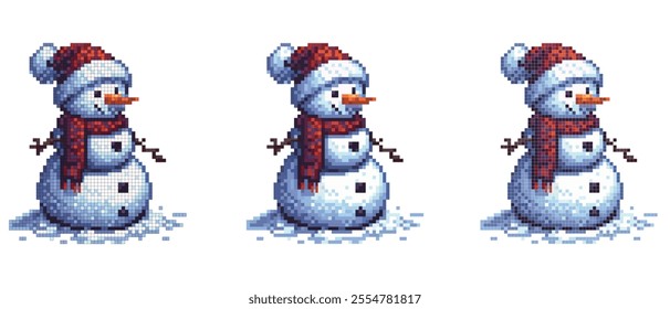 A pixel art snowman with a red hat and scarf stands on snow with stick arms and a carrot nose.