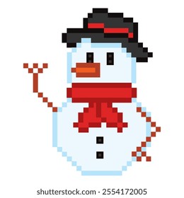 Pixel art snowman with red scarf and hat Vector