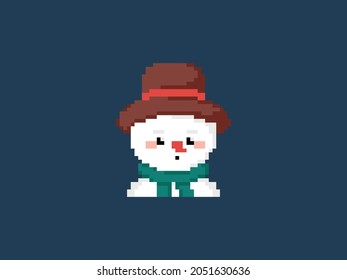 Pixel art snowman in a scarf and hat. Vector 8 bit style retro illustration of winter snowman sculpture. Isolated winter avatar.