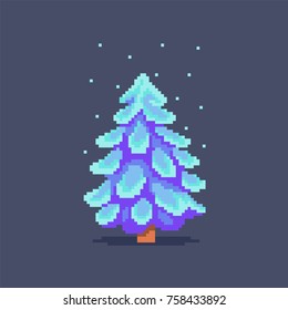 Pixel art snowy christmas tree. Vector illustration.