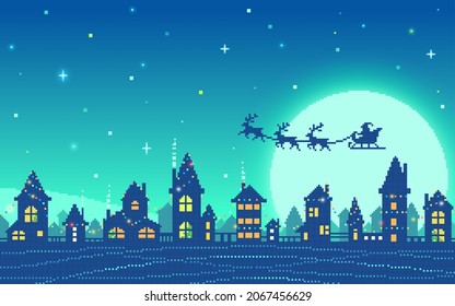 Pixel art snowy city at Christmas eve. Christmas houses in front of the moon with Santa's sleigh silhouette. Vector illustration.