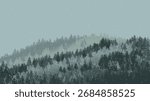 Pixel art snowy forest in winter. Falling snow over pine trees in a calm and cold landscape. 16-bit style vector illustration.