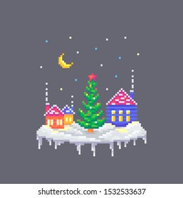 Pixel art snowy houses and Christmas fir tree in the center. Cute greeting illustration on holidays.