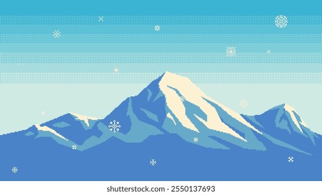 Pixel arte montanhas nevadas com flocos de neve caindo. Paisagem para jogo ou aplicativo. Plano de fundo perfeito ao encaixar horizontalmente. Ilustração vetorial.