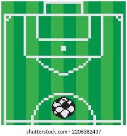 Pixel art with soccer field viewed from above.