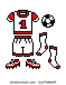 Pixel art soccer player costume (shirt, shorts), boots, socks, ball. Set of 8 bit football equipment icons isolated on white background. Old school retro 80's-90's slot machine, video game graphics.