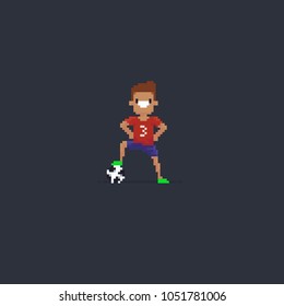 Pixel art soccer player standing with arms on his hips and leg on the ball