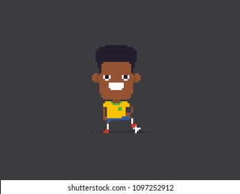 Pixel art soccer player standing with arms on his hips and leg on the ball