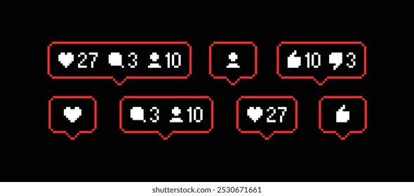 Conjunto de iconos de redes sociales de Pixel Art, notificación de publicación, me gusta, no me gusta y seguidores, comentario. Vector de píxeles perfecto sobre fondo negro	