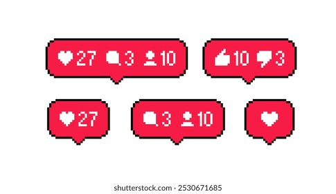 Pixel Art social network icons set, post notification, likes, dislikes and followers, commet. Perfect pixel vector on white background	