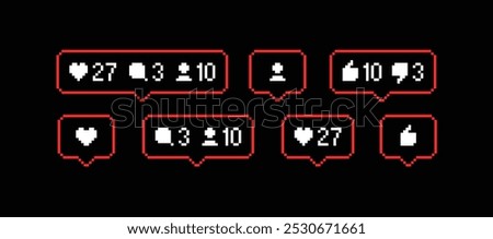 Pixel Art social network icons set, post notification, likes, dislikes and followers, commet. Perfect pixel vector on black background	