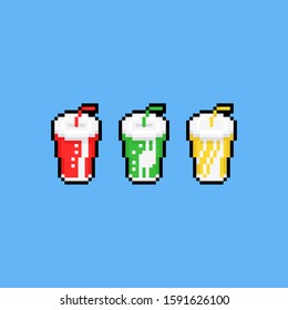 Pixel art soft drink paper cup icon set.