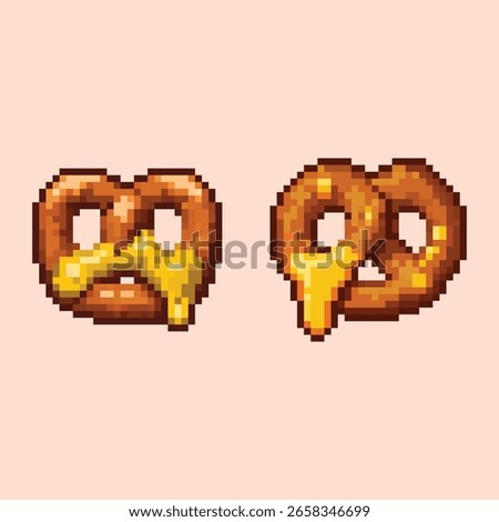 Pixel Art Soft Pretzels with Cheese Sauce Set. A set of two pixel art illustrations of classic soft pretzels drizzled with a gooey, melted cheese sauce.