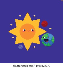 Pixel art solar system with cute Sun and Earth, and other small planets and stars