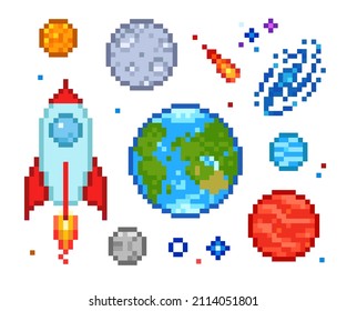 Pixel Art solar system icons set of rocket, planets, galactic, cosmic space objects. Mars, Earth, Moon, asteroid. 8-bit retro game style design	
