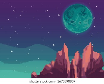 Pixel Art Space Background. Location With Mountains, Planet And Clouds. Landscape For Game Or Application. 8 Bit