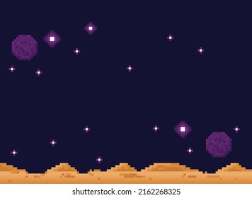 Pixel art space background. Location with mountains, planet and clouds. Landscape for game or application. 8 bit