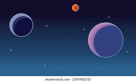 Pixel art space background. Planets and stars in retro 16 bit video game style. Space, cosmos or fantasy universe vector illustration.
