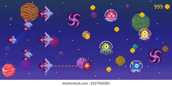 A pixel art space battle scene featuring UFOs, planets, spaceships, and explosions. Ideal for retro video games, sci-fi themes, digital art lovers, educational posters about space, and nostalgic