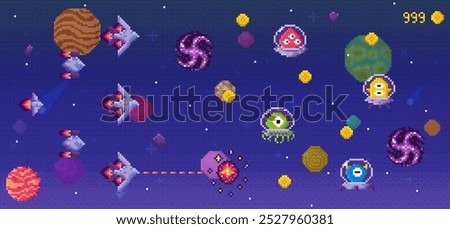 A pixel art space battle scene featuring UFOs, planets, spaceships, and explosions. Ideal for retro video games, sci-fi themes, digital art lovers, educational posters about space, and nostalgic