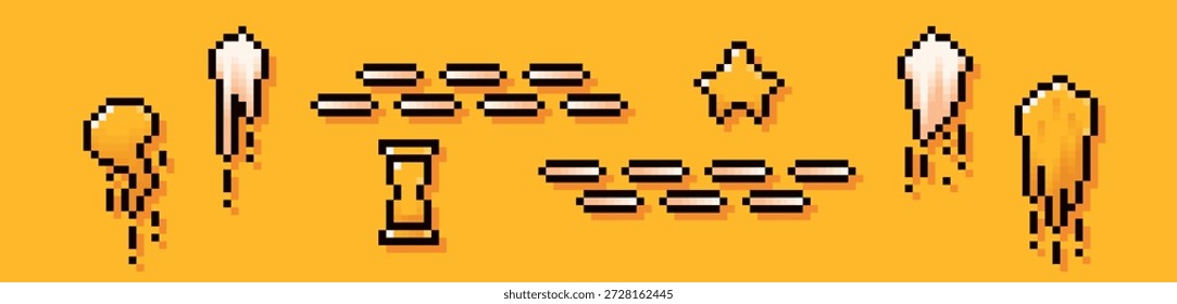 Pixel art space elements. Color images of lasers trases, jet streams, star and hourglass on yellow background.